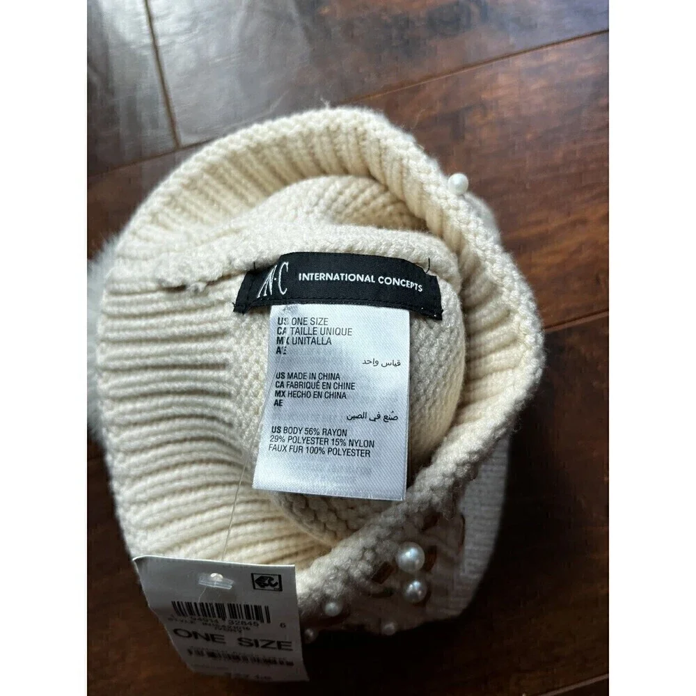 INC Black Embellished Pom Pom Beanie Cap Hat Ivory NWT